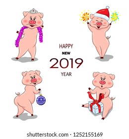 Colorful and funny set wit cartoon pig in different poses, poster for new year