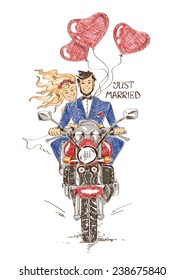 Colorful funny sketch illustration with just married couple riding on a motorbike and heart shape air balloons. Hand drawn wedding card or invitation