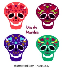 Colorful funny skulls for day of the dead. Vector set of skulls