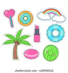 Colorful funny summer patches. Flat icon sticker set. Vector illustration 