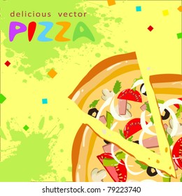 Colorful funny tasty pizza slices greeting card with splatter