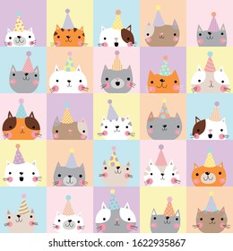 Colorful funny vector illustration of cartoon cats with birthday caps. Seamless festive pattern with kittens can be used for fabric, printing industry, packaging and other. Cute baby greeting card.