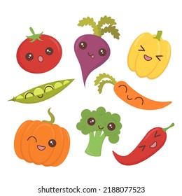 Colorido y divertido conjunto vectorial de verduras con emoji kawaii aislado en el fondo blanco. Paquete de comida vegana sana y sabrosa.