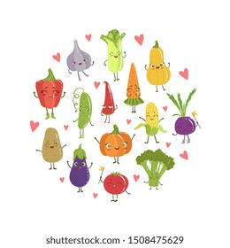 Colorful Funny Vegetables Cartoon Characters Seamless Pattern of Round Shape, Healthy Food Vector Illustration