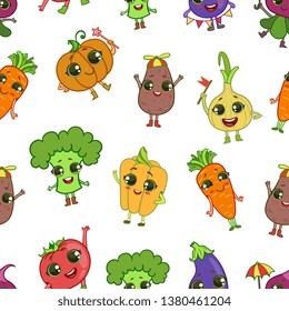 Colorful Funny Vegetables Characters Seamless Pattern, Healthy Food Vector Illustration
