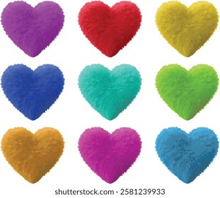 Colorful Furry and fluffy Heart Icons Set with different colors