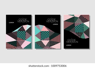 Colorful future abstract modern art poster book cover set. Memphis trendy colorful 90s style.