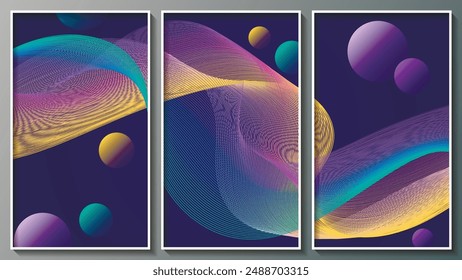 Colorido tríptico de arte futurista. Un hermoso panel para la decoración de interiores, diseños corporativos, blogs, postales, carteles y sus otros proyectos. Vector. 