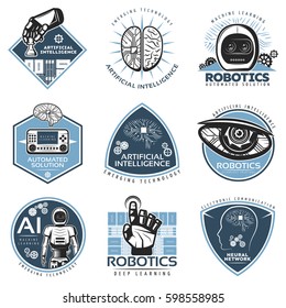 Colorful futuristic innovations labels collection with robotic cybernetic artificial intelligence technologies in vintage style isolated vector illustration