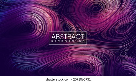 Colorful futuristic liquid flow of thin glowing swirling dynamic lines. Abstract background with purple curled fluid lines. Energy field background. Vector illustration