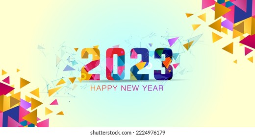 Colorful, futuristic, low poly, abstract, geometric and confetti background design of 2023 Happy New Year. Website banner poster greeting card. Vector illustration.