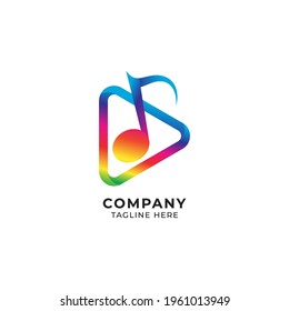 Botón de juego colorido y futurista con ilustración vectorial de nota musical. Concepto del logotipo del entretenimiento musical. Gradiente multicolor del arco iris. Aislado sobre fondo de color blanco