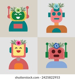 A Colorful Futuristic Robot Avatar Vector Set with Happy Face