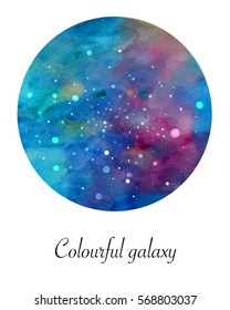 Colorful galaxy. Round multicolored cosmic space card.