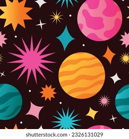 Colorful galaxy seamless vector pattern. Bright, vibrant stars and planets. Outer space design in a retro style. Repeat, background print. 