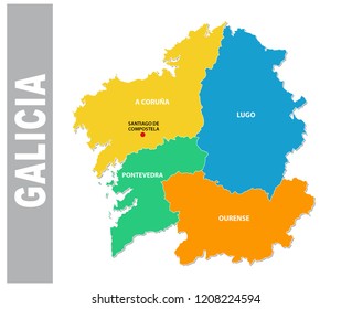 Colorful Galicia administrative and political vector map.