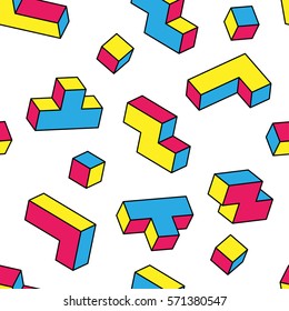 Colorful game 3d blocks seamless pattern on white background. Vintage 80s style design. Clipping mask used.