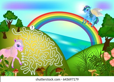 Colorful game for children with a pegasus and unicorn. Maze for children