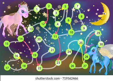 Colorful game for children with pony. Board game- Fairy Pegasus and Beautiful Ponies. Cute cartoon little baby horse. 