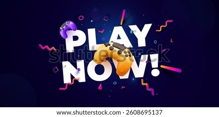 Colorful Game Controllers with Play Now Text on Dark Background. Perfect for Esports, Gaming Events, Promotions, and Streaming Channels. Fun and Energetic Style. Vector Illustration.