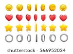 Colorful game icons set of gold coin star red heart and silver ring with animation isolated vector ilustration