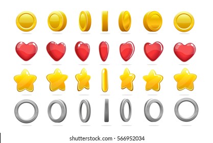 Colorful Game Icons Set Of Gold Coin Star Red Heart And Silver Ring With Animation Isolated Vector Ilustration