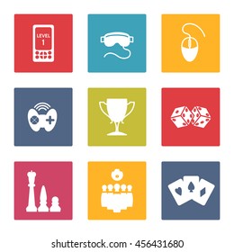 Colorful game icons set vector. Joystick cards chess coblet etc