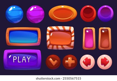 Colorful game interface buttons with candy like glossy appearance - round shapes, rectangular frames, navigation arrows and play control with bright reflective surfaces. for sweet themed mobile gui.