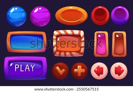 Colorful game interface buttons with candy like glossy appearance - round shapes, rectangular frames, navigation arrows and play control with bright reflective surfaces. for sweet themed mobile gui.