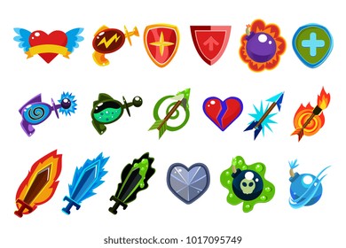 Colorful game interface elements. Heart with wings, bottles with potions, defense shields, magic arrows, bombs, and swords. Cartoon flat vector icons
