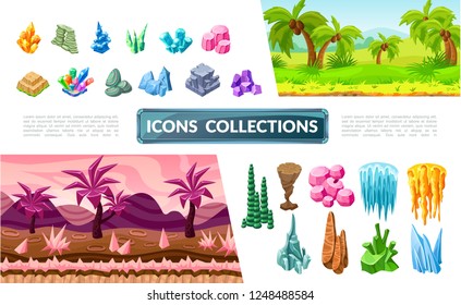 Colorful game landscape elements collection with tropical and fantasy sceneries bright stones minerals and crystals vector illustration