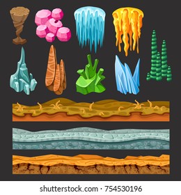 Colorful game landscape elements set with rocks crystals ice bush trees and different surfaces isolated vector illustration