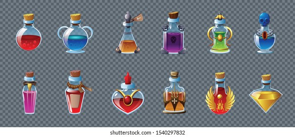 Colorful game magic potions in different bottles realistic set isolated on transparent background vector illustration