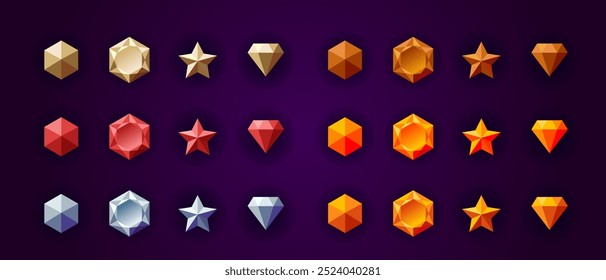 Conjunto de activos de objetos de juego colorido. Diamante, estrella, piedra preciosa. Símbolos de elementos para juegos. Medieval, ciencia, fantasía, rpg. Oro, plata, madera, rojo, azul, naranja, amarillo.