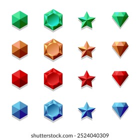 Conjunto de ativos de objetos coloridos do jogo. Diamante, estrela, pedra preciosa. Símbolos de item para jogos. Medieval, ficção, fantasia, rpg. Verde, marrom, vermelho, azul.