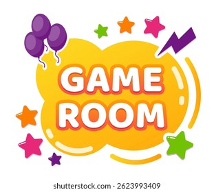 Colorful game room sign featuring vibrant balloons and stars, celebrating fun and entertainment, ideal for promoting a lively play area or engaging gaming zone for families and kids