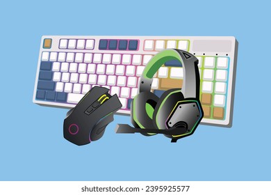 
Colorful Gaming Combo Vector Containing a Keyboard, Mouse and Headphones design for vector illustration.