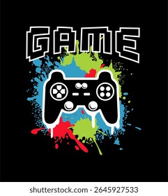 ilustração do controlador de jogos colorido com fundo de splash e texto de jogo em negrito