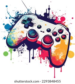 A colorful gaming controller with a rainbow colored controller on it.