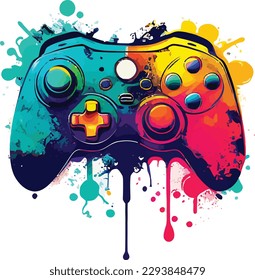 A colorful gaming controller with a rainbow colored controller on it.