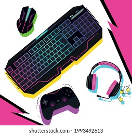 A Colorful Gaming Set Vector Containing a Keyboard, Mouse, Headphones and Controller.