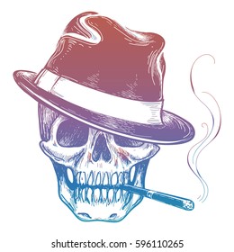 Colorful gangster human skull with cigarette sketch vector