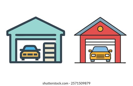 Colorful garage with parked cars, Two colorful garage icons featuring parked cars and storage details, representing home, vehicle shelter, and organization themes. 
