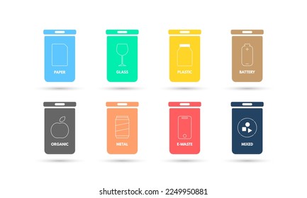 Colorful garbage bins, paper, glass, plastic, batteries, organic, metal, e-waste, mixed, Waste management