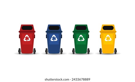 Cubos de basura coloridos con basura ordenada sobre fondo blanco. Concepto de ecología y reciclaje. 