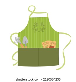 Colorful garden apron with flat drawing. Vector illustration isolated on a white background. Protective clothing for farming or gardening. Small shovel, rakes and seeds in pockets.