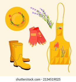 Colorful garden apron, hat, gloves, rubber boots and lavender flower vector set. Vector flat illustration isolated on a white background. Protective clothing for farming or gardening