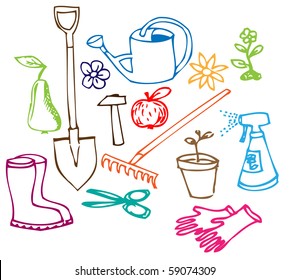 Colorful Garden doodle illustration collection on white background