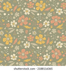 Colorful garden with flowers and leaves, Botanical seamless pattern, Vector background for for textile, fabric, wrapping paper, linens, wallpaper etc