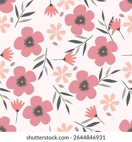 Colorful garden with flowers and leaves, Botanical seamless pattern, Vector background for for textile, fabric, wrapping paper, linens, wallpaper etc